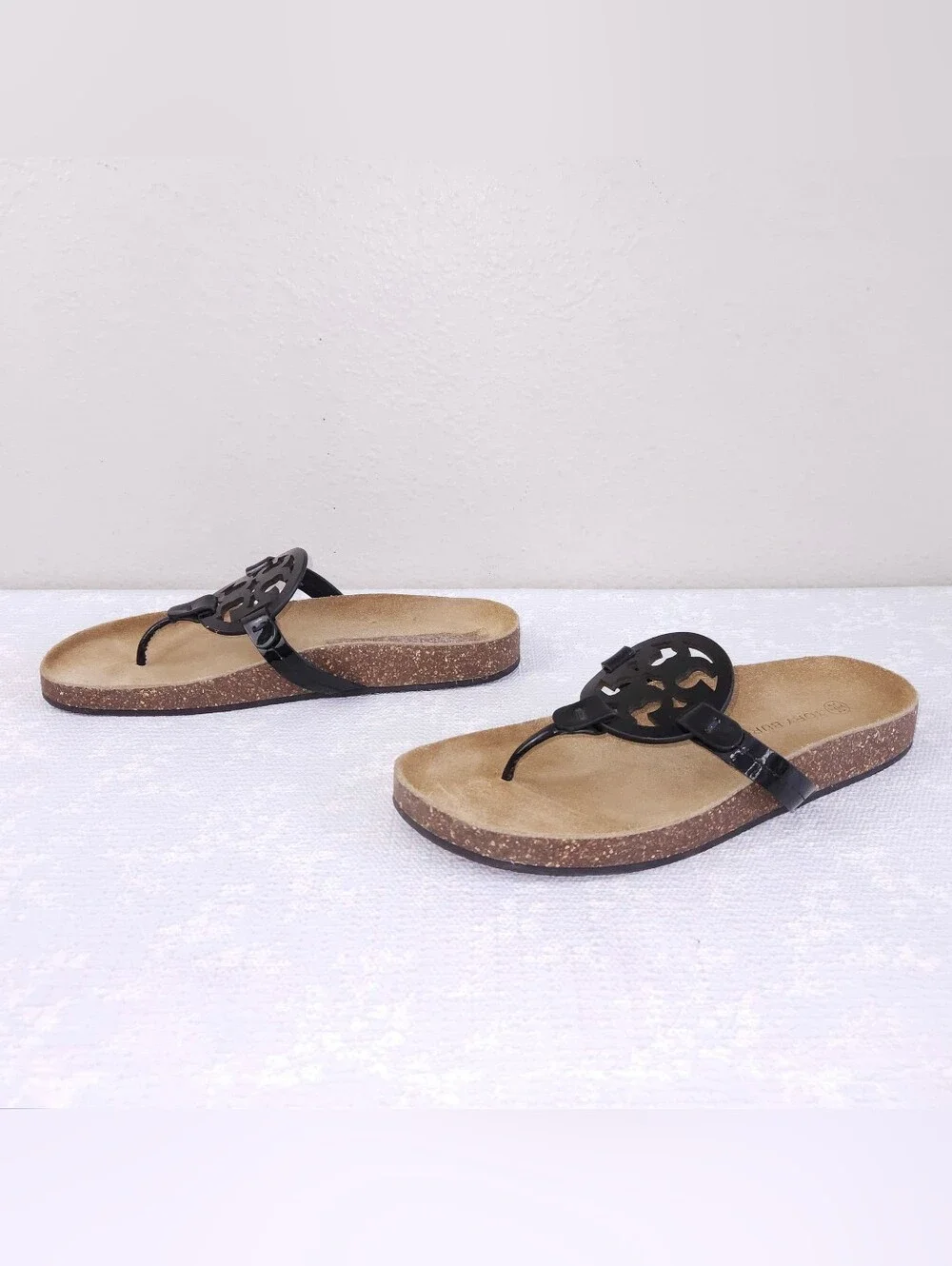 Tory Burch Miller Cloud Sandals US 10 Black Patent Leather Cork Flats